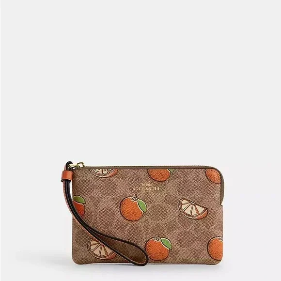 NWT 🧡Coach Corner Zip Wristlet In Signature Canvas With Orange Print 🍊 - Picture 2 of 4